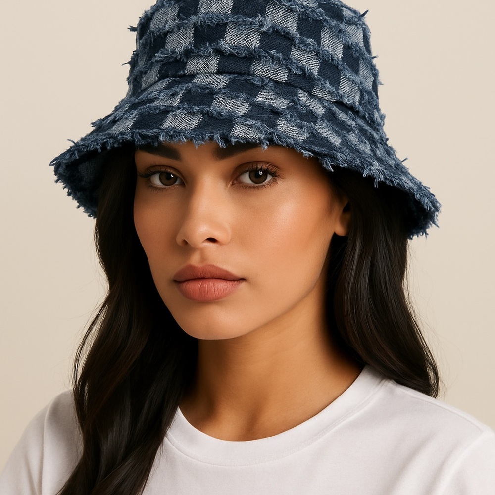 Dark Blue Checkered Bucket Hat
